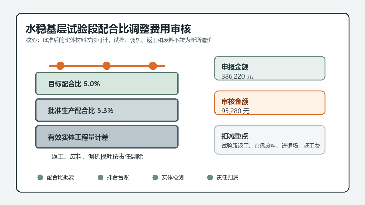 水稳基层试验段配合比调整与超耗费用审核信息图