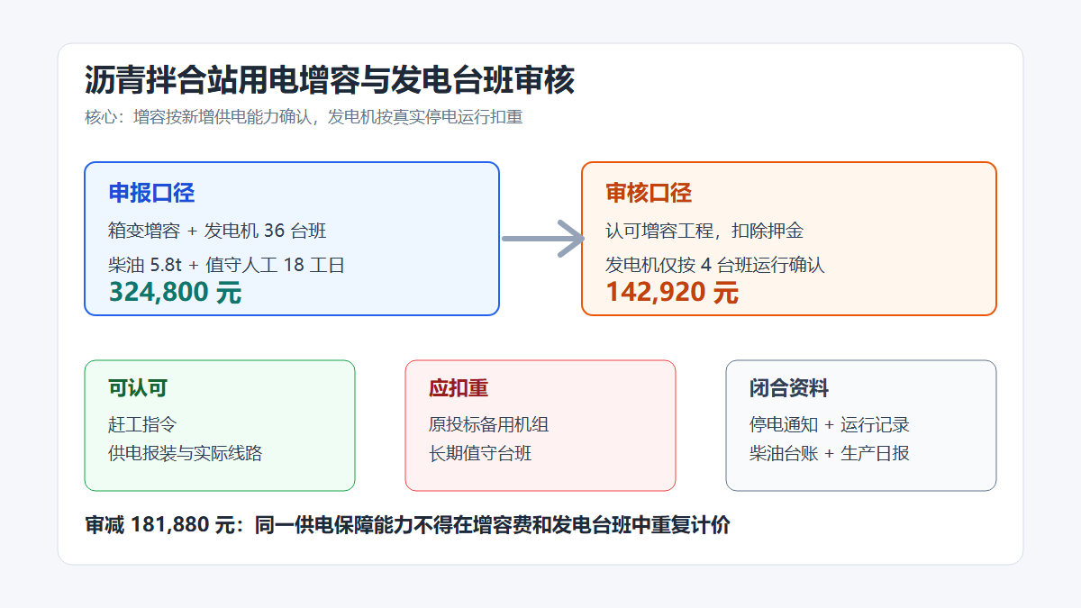 沥青拌合站用电增容与发电台班审核示意