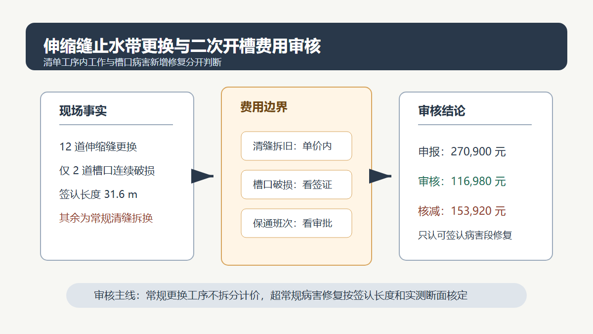 伸缩缝止水带二次开槽费用审核逻辑