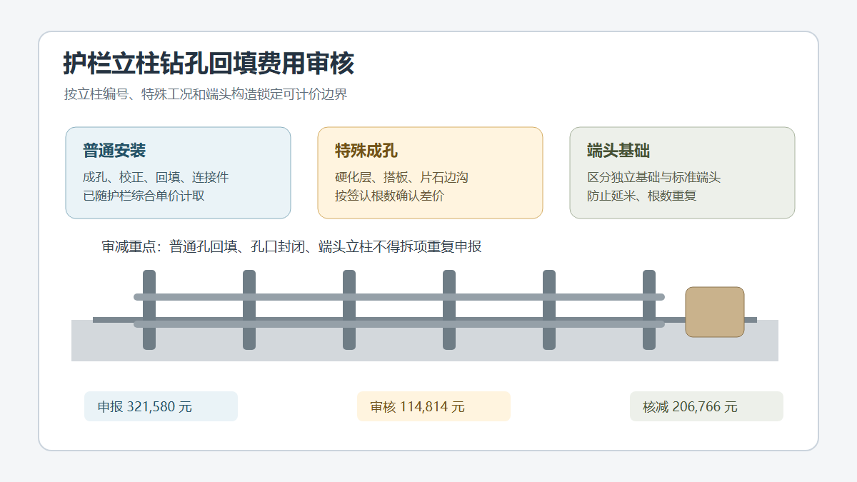 波形护栏立柱钻孔回填与端头基础费用审核示意