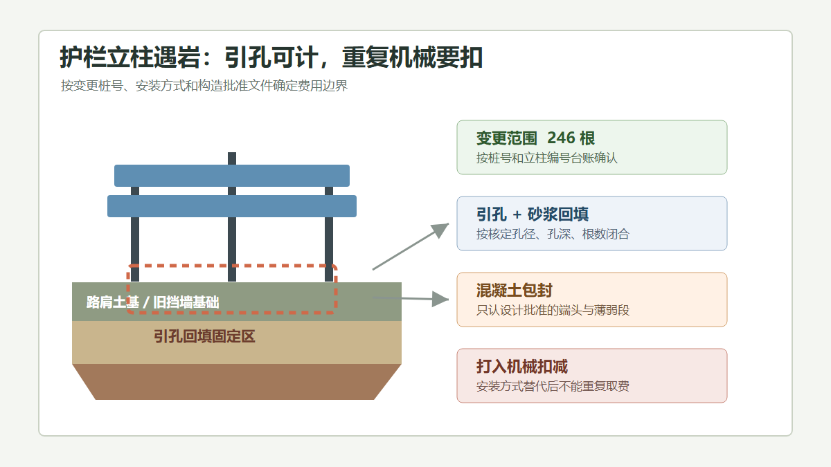 护栏立柱遇岩引孔费用边界示意